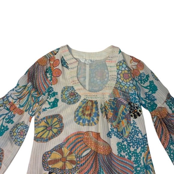 Trina Turk U Neck Bell Sleeve Cotton/Metallic Stripes Colorful Shift Dress Sz 6 - Picture 5 of 10